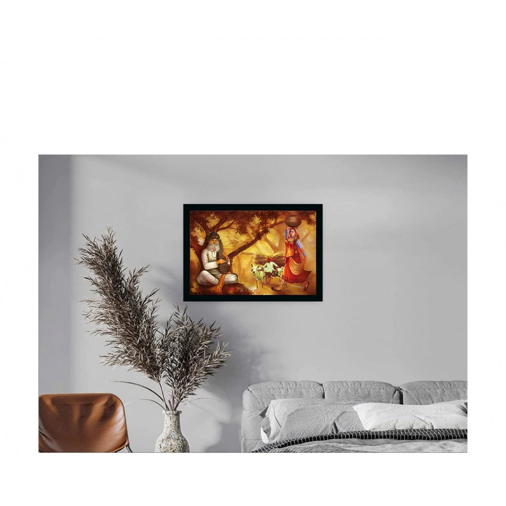 Amfyn Rajasthani Village Modern Art Painting with Synthetic Photo Frame (Multicolor)