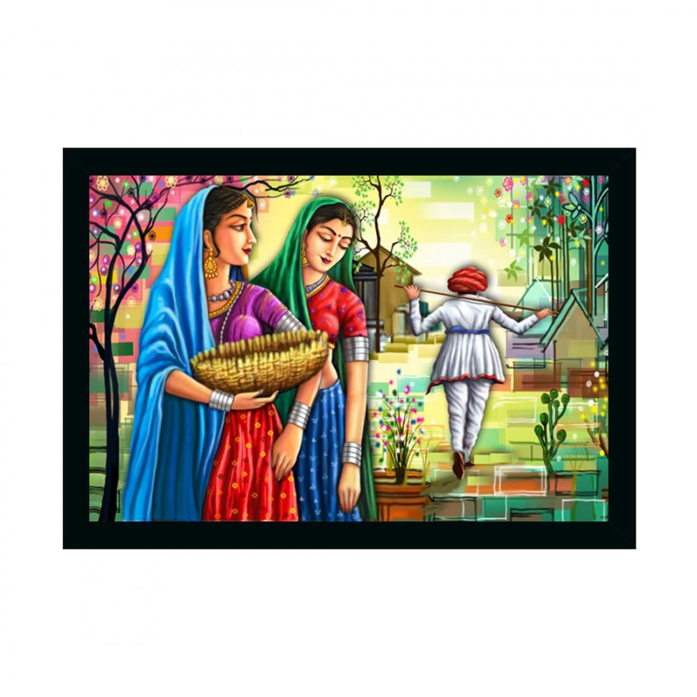 Amfyn Rajasthani Village Modern Art Painting with Synthetic Photo Frame (Multicolor)