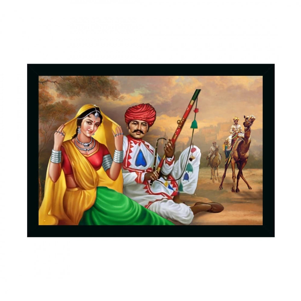 Amfyn Rajasthani Village Modern Ar Painting with Synthetic Photo Frame (Multicolor)