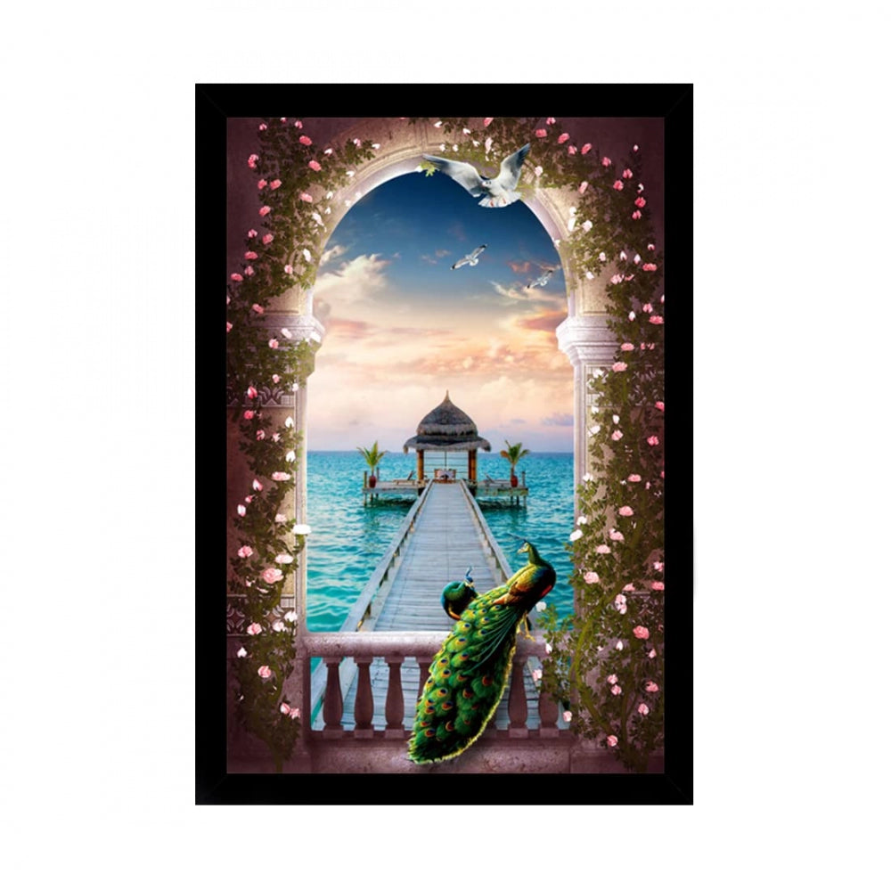 Amfyn Peacock Painting Painting with Synthetic Photo Frame (Multicolor)