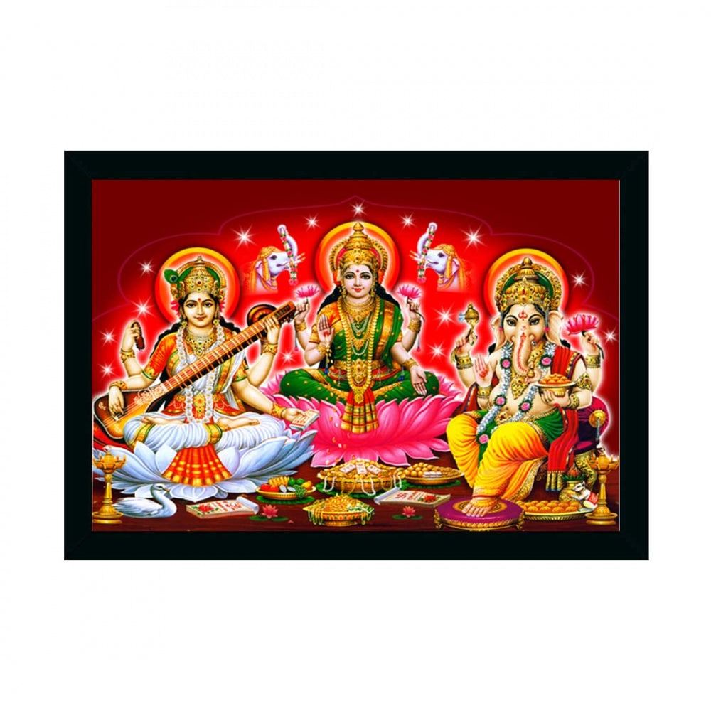 Amfyn Laxmi Ganesh Saraswati Painting with Synthetic Photo Frame (Multicolor)