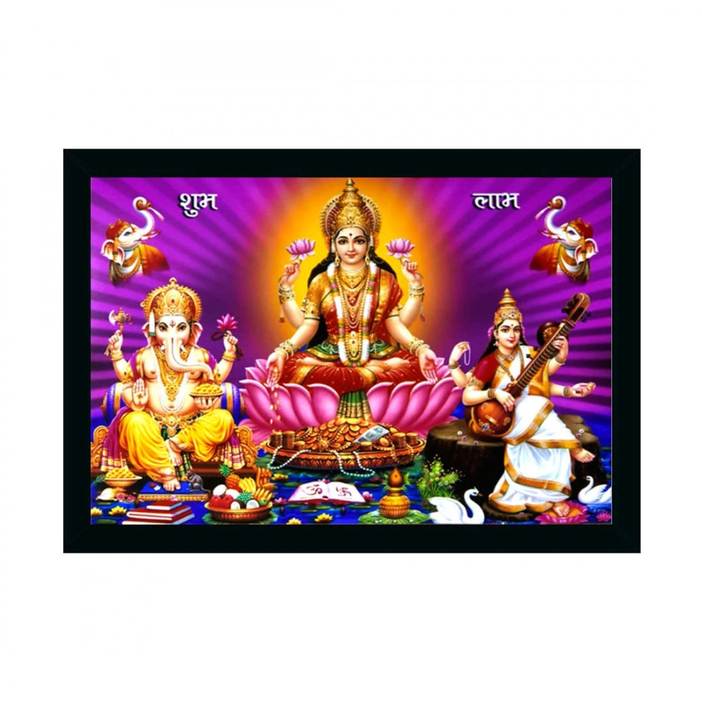 Amfyn Laxmi Ganesh Saraswati Painting with Synthetic Photo Frame (Multicolor)