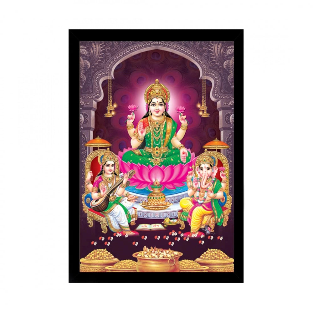 Amfyn Laxmi Ganesh Saraswati Painting with Synthetic Photo Frame (Multicolor)