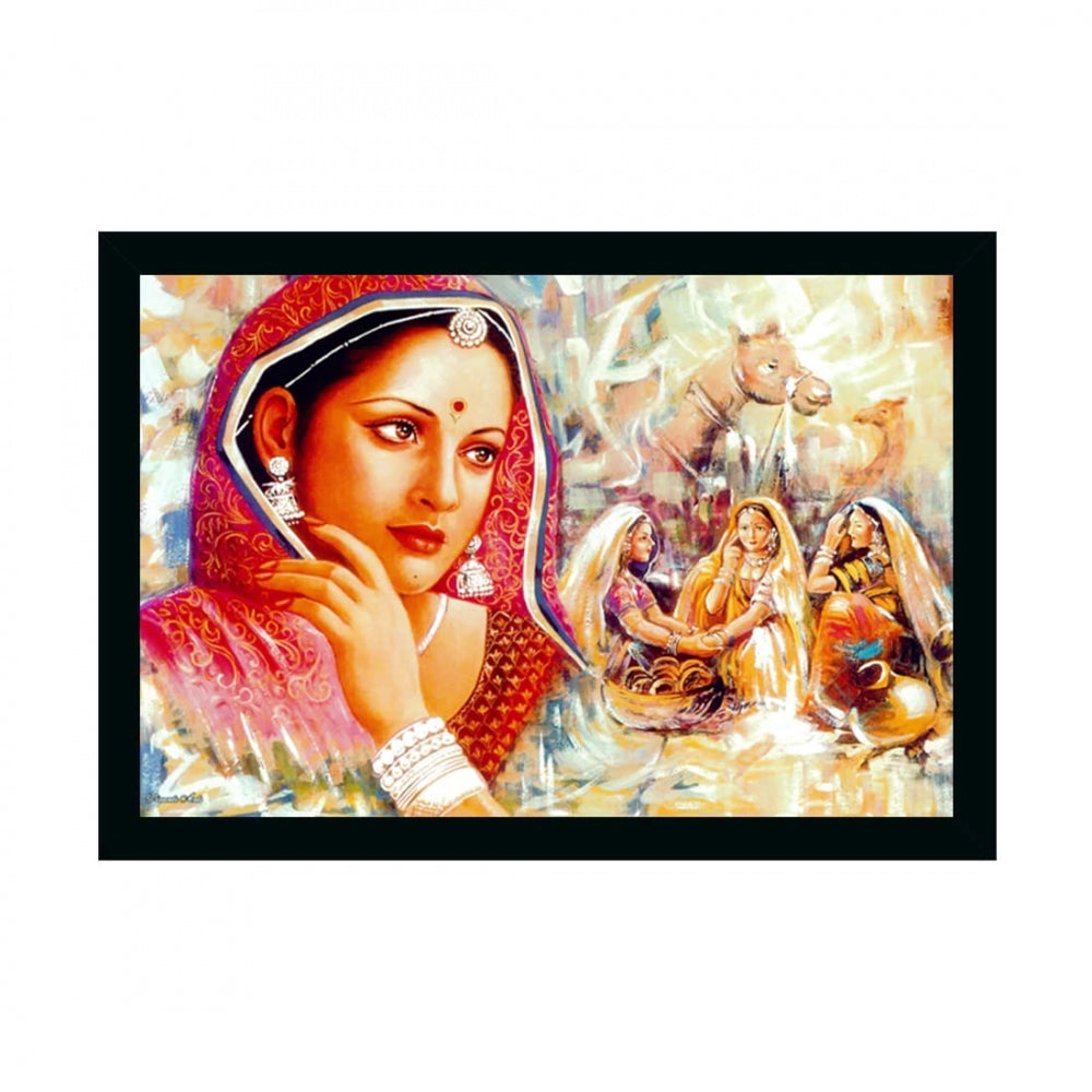 Amfyn Rajasthani Village Modern Art Painting with Synthetic Photo Frame (Multicolor)