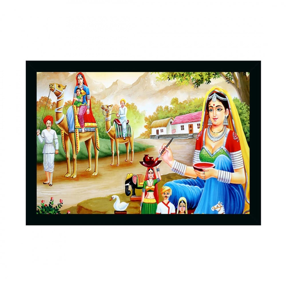 Amfyn Rajasthani Village Modern Art Painting with Synthetic Photo Frame (Multicolor)
