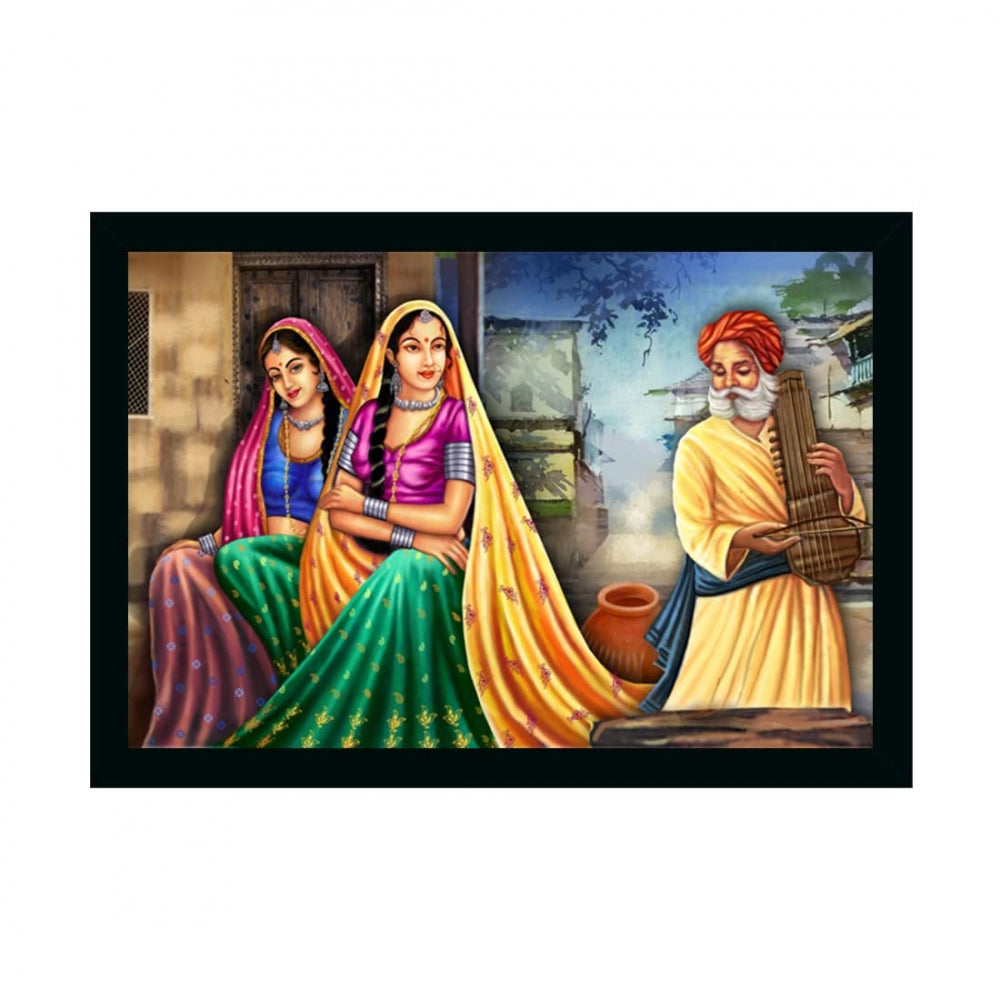 Amfyn Rajasthani Village Modern Art Painting with Synthetic Photo Frame (Multicolor)
