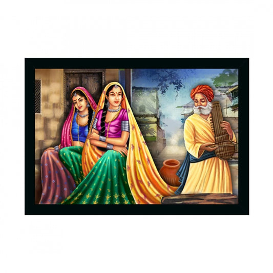 Amfyn Rajasthani Village Modern Art Painting with Synthetic Photo Frame (Multicolor)