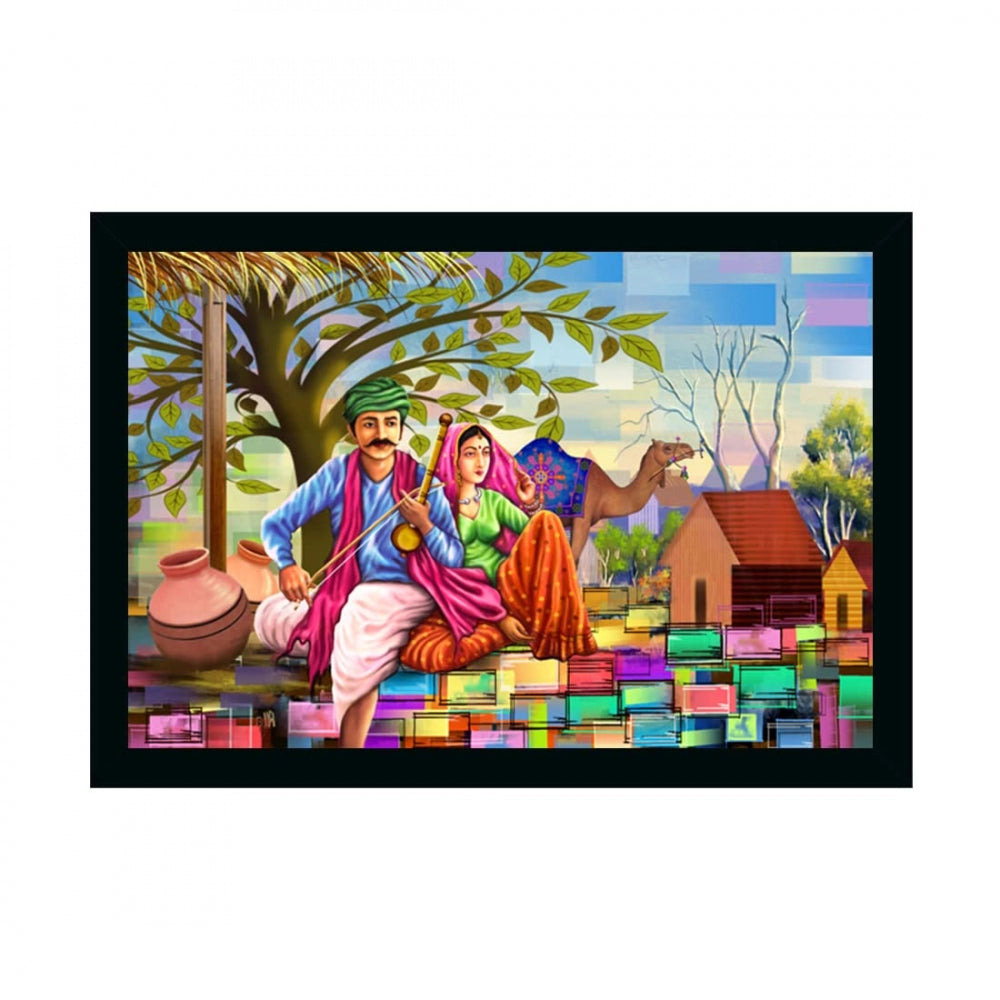Amfyn Rajasthani Village Modern Art Painting with Synthetic Photo Frame (Multicolor)