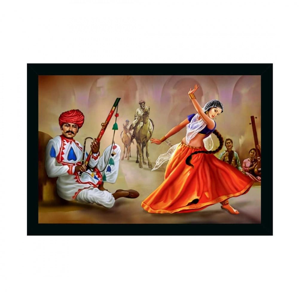 Amfyn Rajasthani Village Modern Art Painting with Synthetic Photo Frame (Multicolor)
