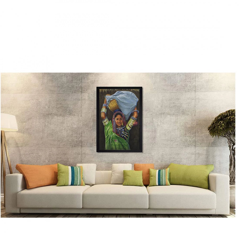 Amfyn Lady Modern Art Painting with Synthetic Photo Frame (Multicolor)
