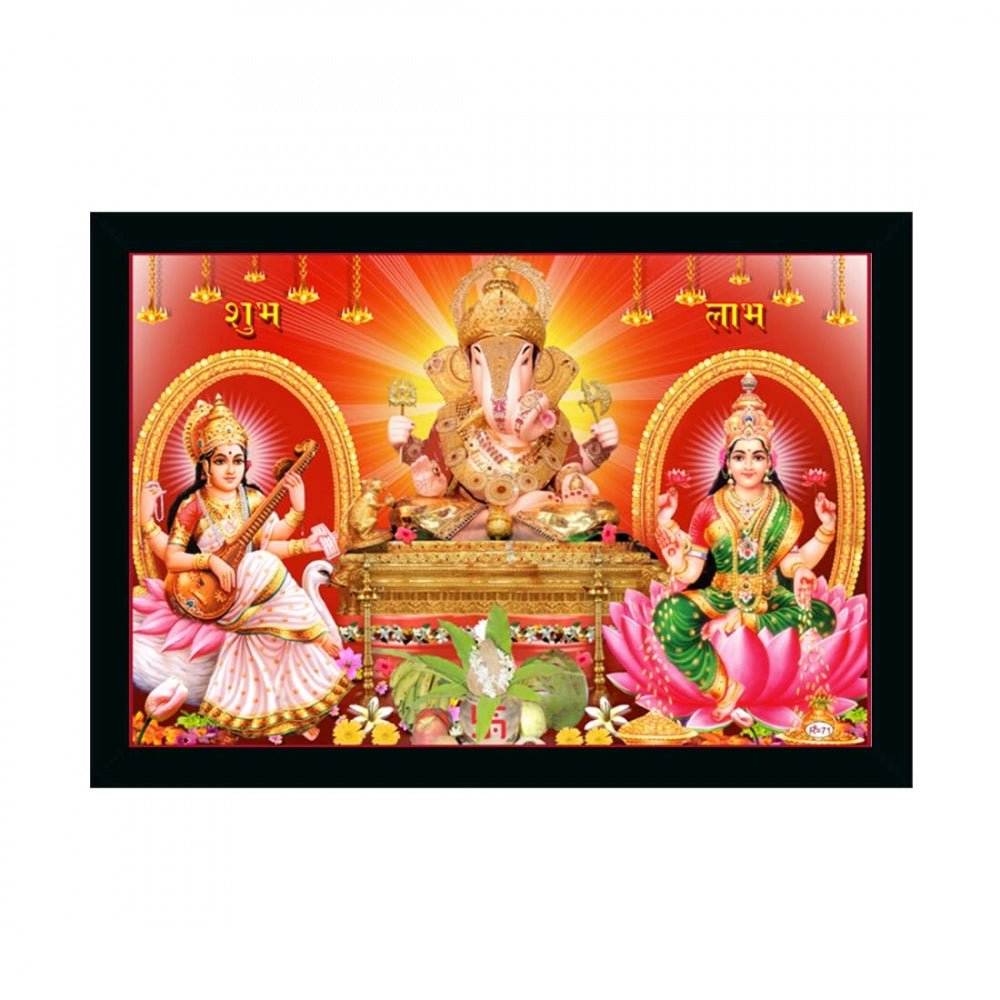 Amfyn Laxmi Ganesh Saraswati Painting with Synthetic Photo Frame (Multicolor)