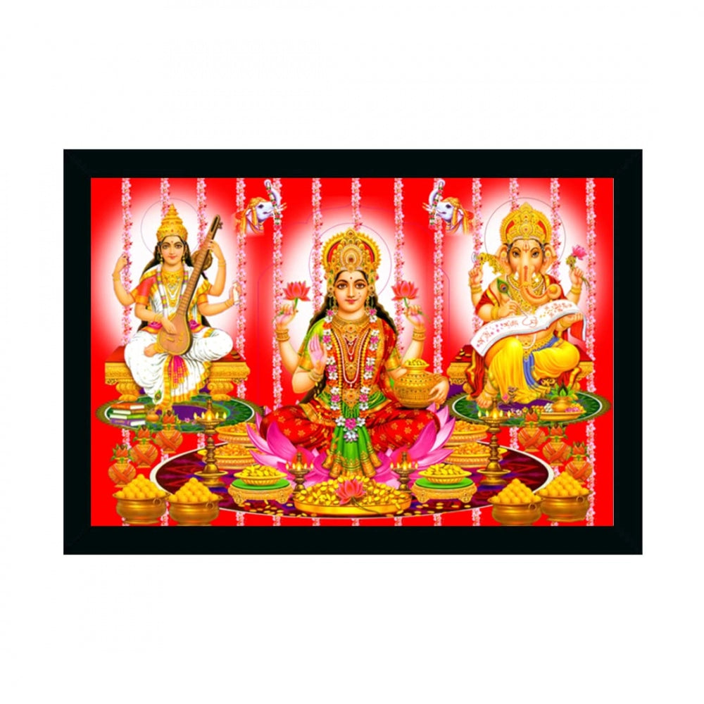 Amfyn Laxmi Ganesh Saraswati Painting with Synthetic Photo Frame (Multicolor)