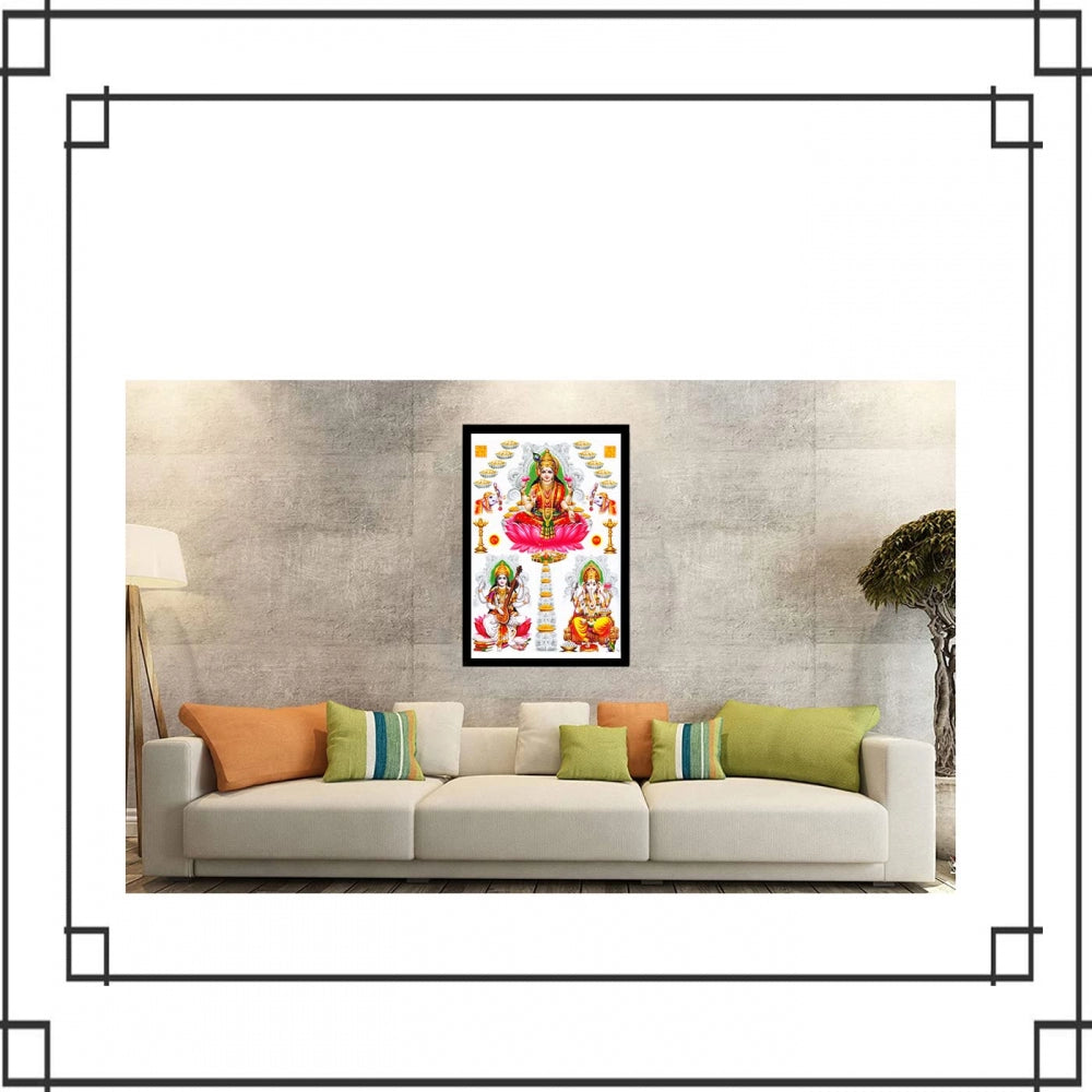 Amfyn Laxmi Ganesh Saraswati Painting with Synthetic Photo Frame (Multicolor)