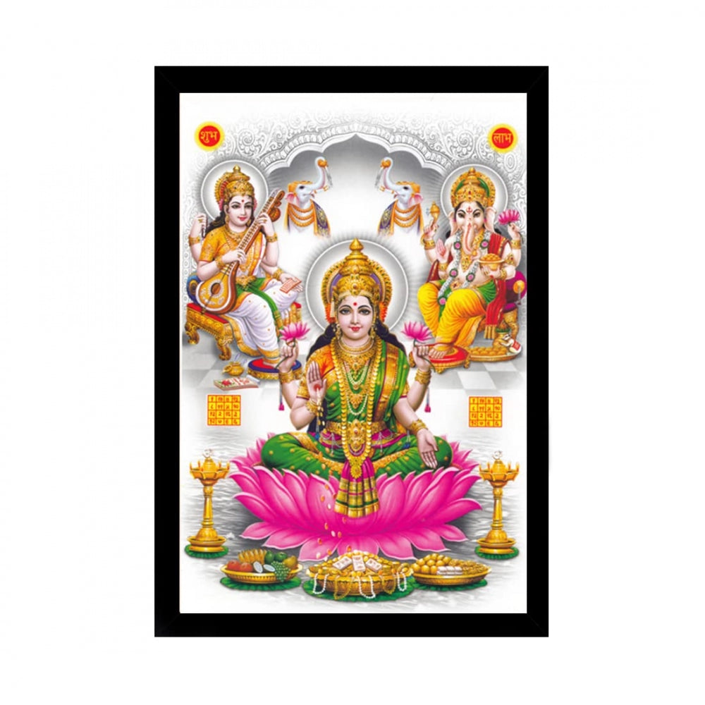 Amfyn Laxmi Ganesh Saraswati Painting with Synthetic Photo Frame (Multicolor)