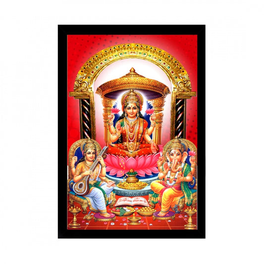 Amfyn Laxmi Ganesh Saraswati Painting with Synthetic Photo Frame (Multicolor)