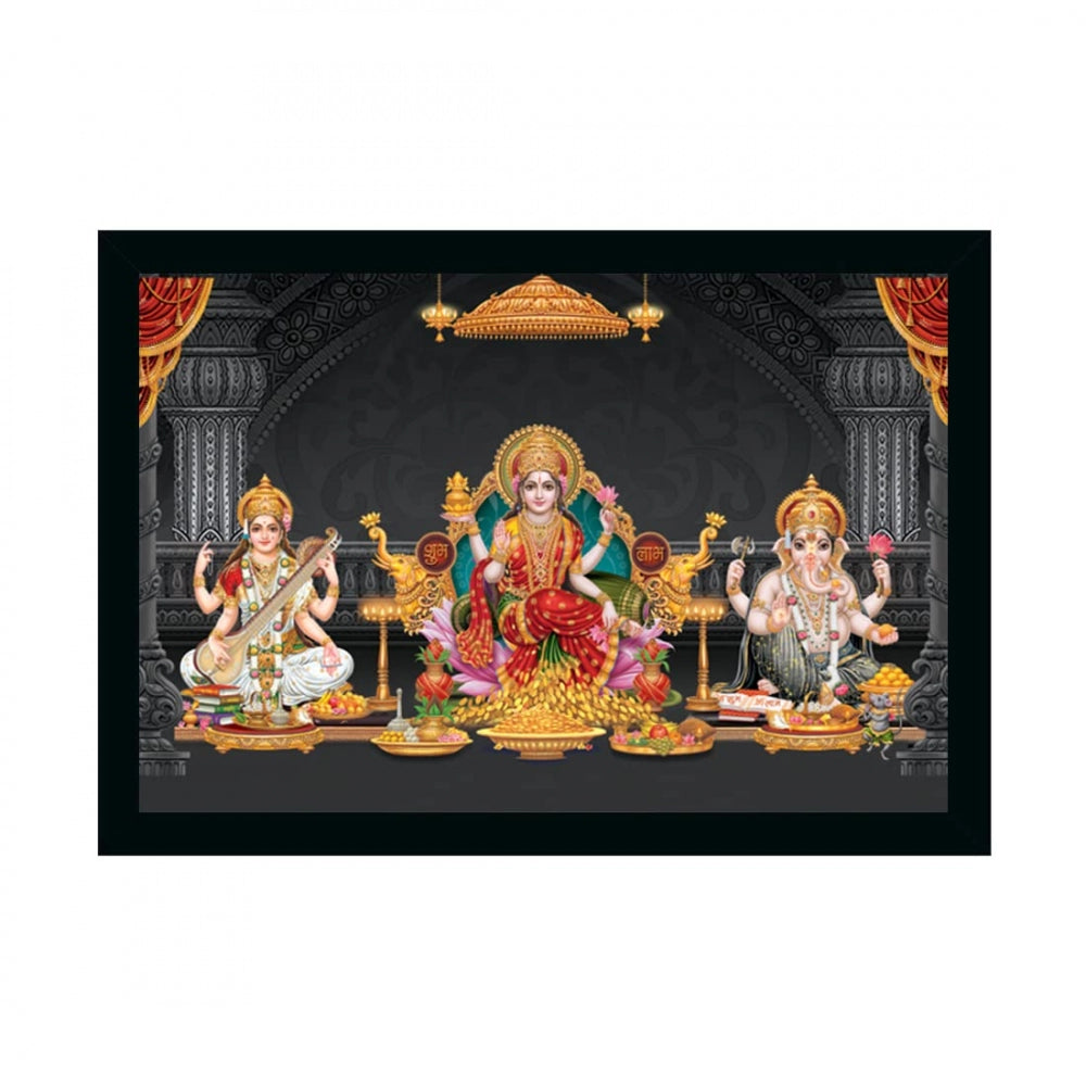 Amfyn Maa Laxmi Goddess Ganesh &amp; Maa Saraswati Painting with Synthetic Photo Frame (Multicolor)