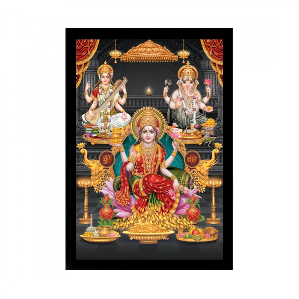 Amfyn Laxmi Ganesh Saraswati Painting with Synthetic Photo Frame (Multicolor)