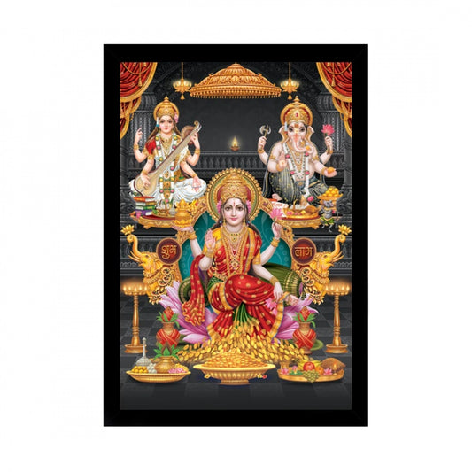 Amfyn Laxmi Ganesh Saraswati Painting with Synthetic Photo Frame (Multicolor)