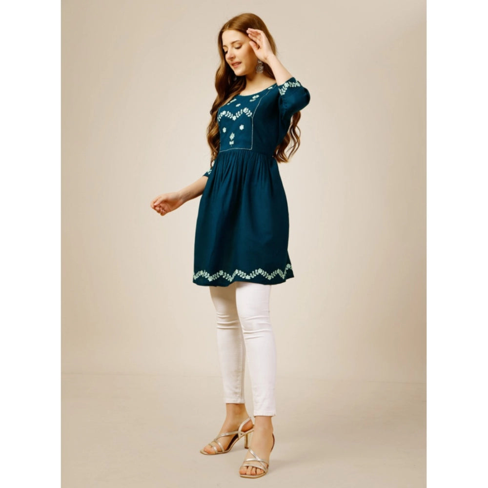 Amfyn Women's Casual 3-4 th Sleeve Embroidered Rayon Tunic Top (Blue)