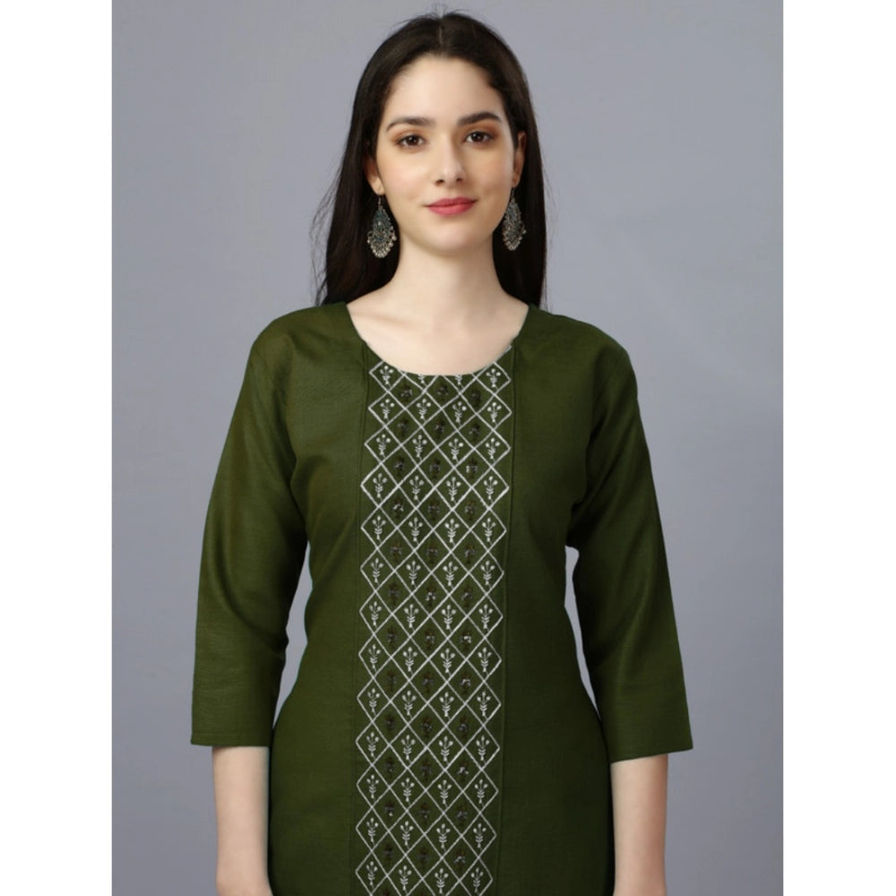 Amfyn Women's Casual 3-4 th Sleeve Embroidery Cotton Kurti (Dark Green)