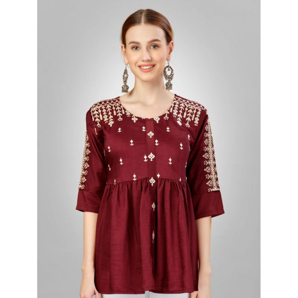 Amfyn Women's Casual 3-4 th Sleeve Embroidered Silk Tunic Top (Rust)