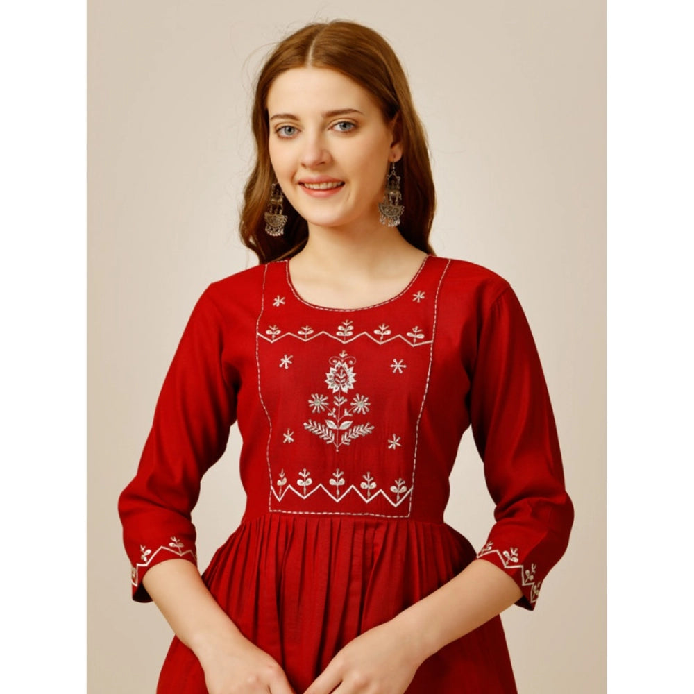 Amfyn Women's Casual 3-4 th Sleeve Embroidered Rayon Tunic Top (Red)