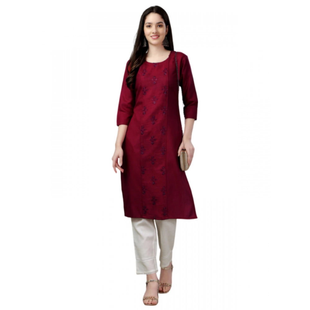 Amfyn Women's Casual 3-4 th Sleeve Embroidery Cotton Kurti (Maroon)