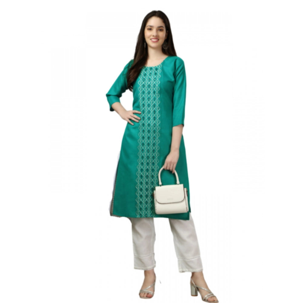 Amfyn Women's Casual 3-4 th Sleeve Embroidery Cotton Kurti (Light Green)