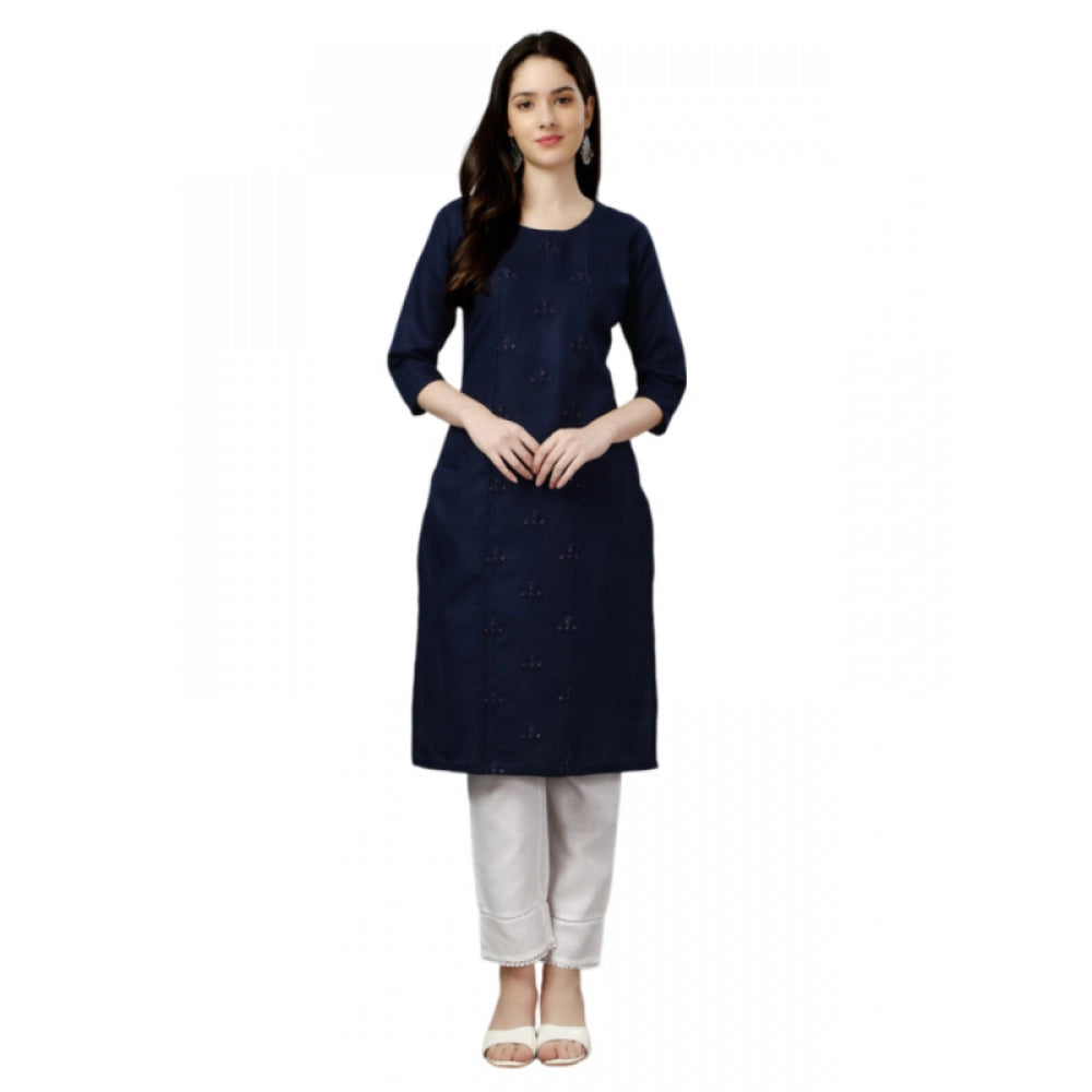 Amfyn Women's Casual 3-4 th Sleeve Embroidery Cotton Kurti (Dark Blue)