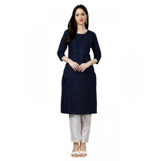Amfyn Women's Casual 3-4 th Sleeve Embroidery Cotton Kurti (Dark Blue)