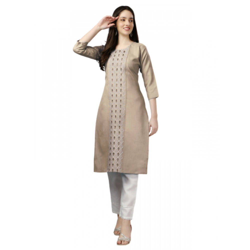 Amfyn Women's Casual 3-4 th Sleeve Embroidery Cotton Kurti (Beige)
