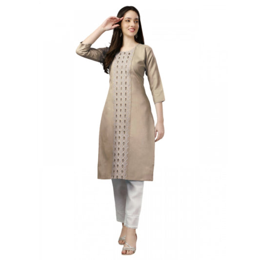 Amfyn Women's Casual 3-4 th Sleeve Embroidery Cotton Kurti (Beige)