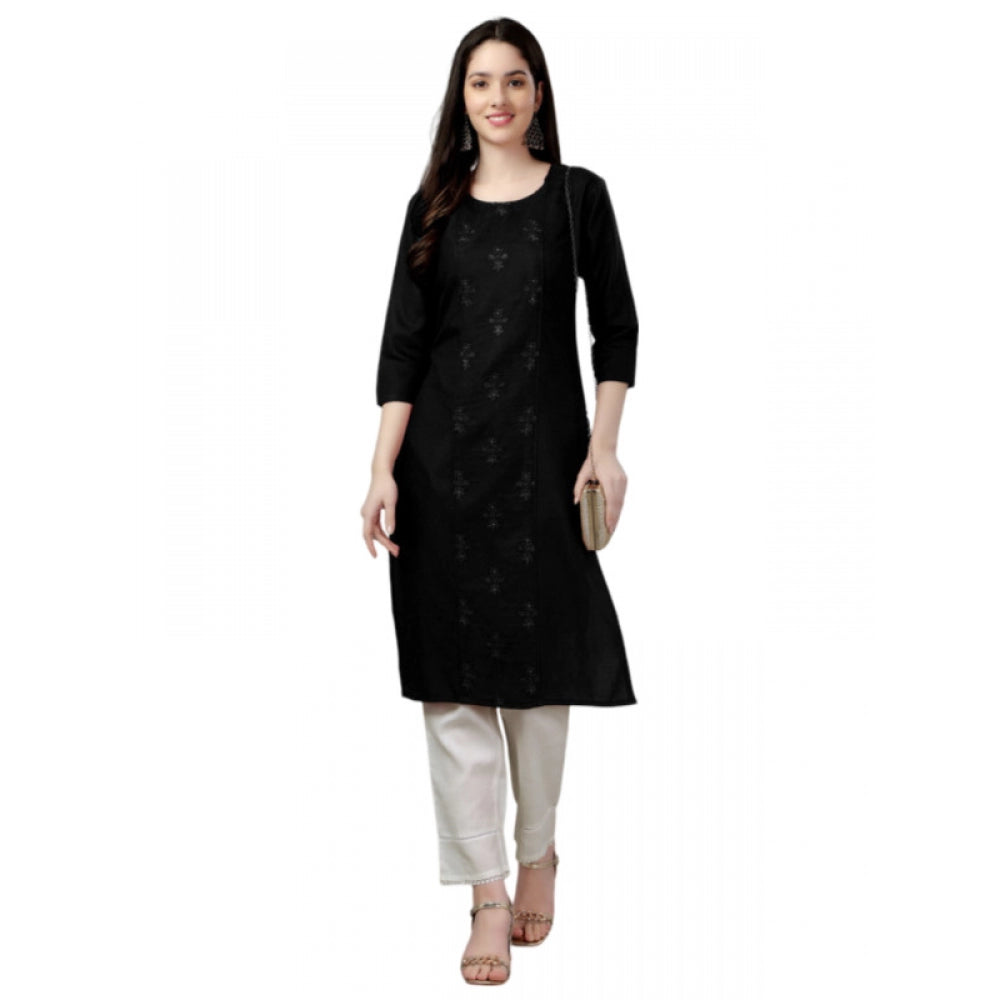 Amfyn Women's Casual 3-4 th Sleeve Embroidery Cotton Kurti (Black)