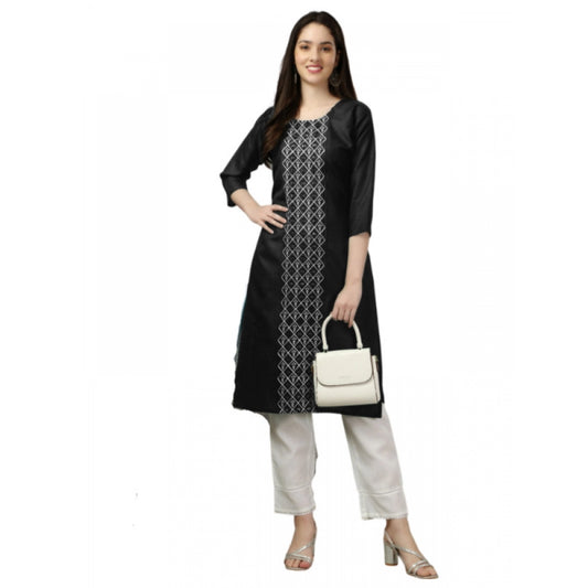 Amfyn Women's Casual 3-4 th Sleeve Embroidery Cotton Kurti (Black)