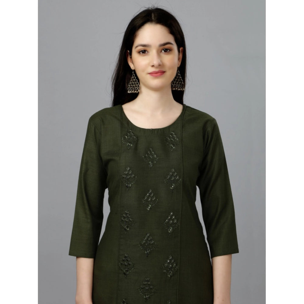 Amfyn Women's Casual 3-4 th Sleeve Embroidery Cotton Kurti (Dark Green)