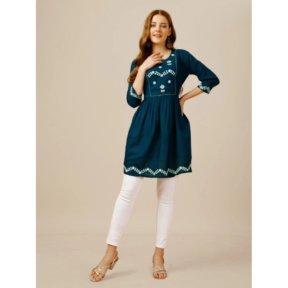 Amfyn Women's Casual 3-4 th Sleeve Embroidered Rayon Tunic Top (Blue)