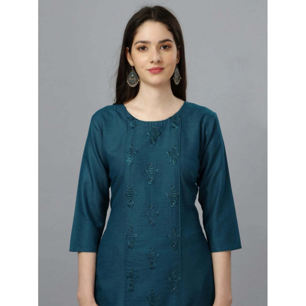 Amfyn Women's Casual 3-4 th Sleeve Embroidery Cotton Kurti (Blue )