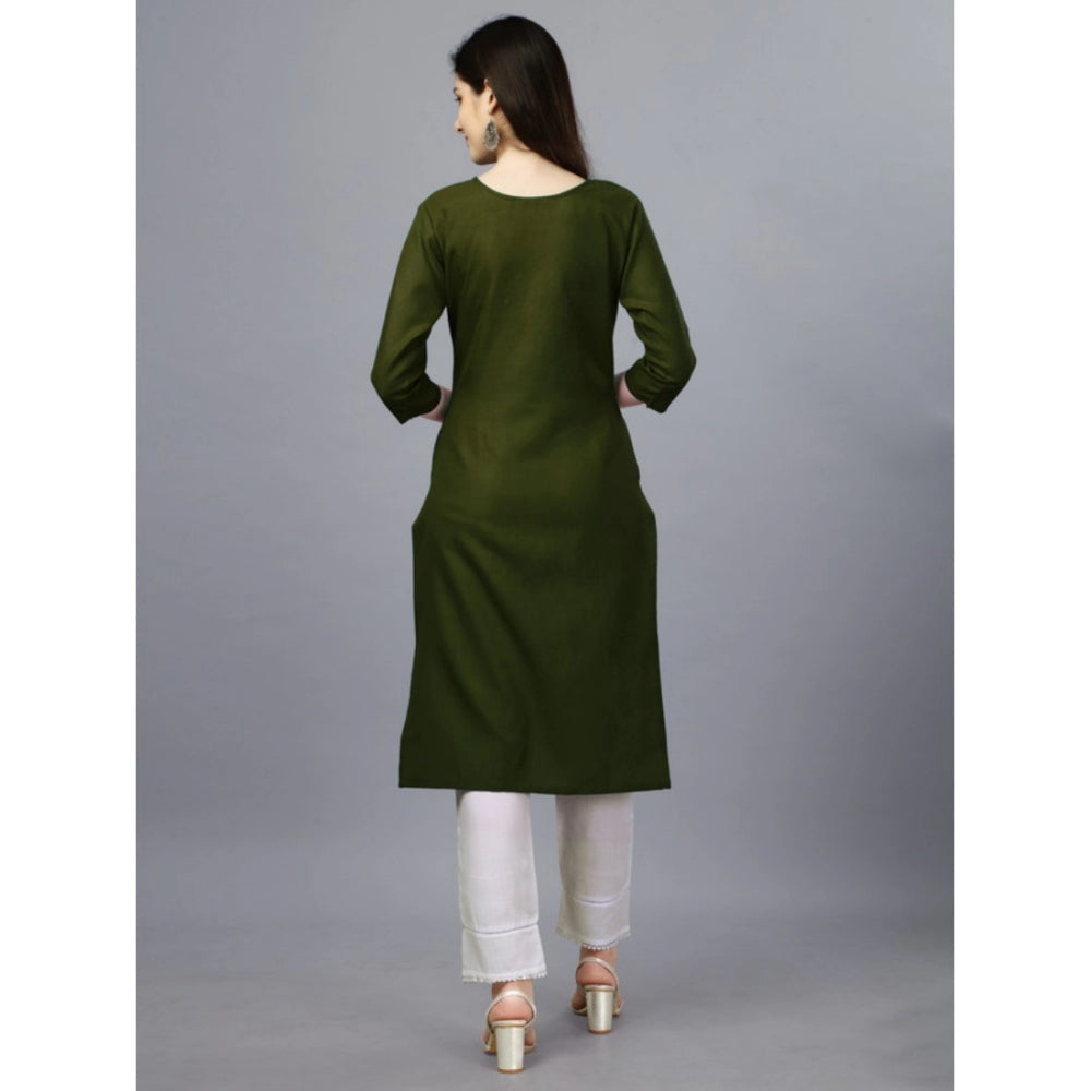 Amfyn Women's Casual 3-4 th Sleeve Embroidery Cotton Kurti (Dark Green)