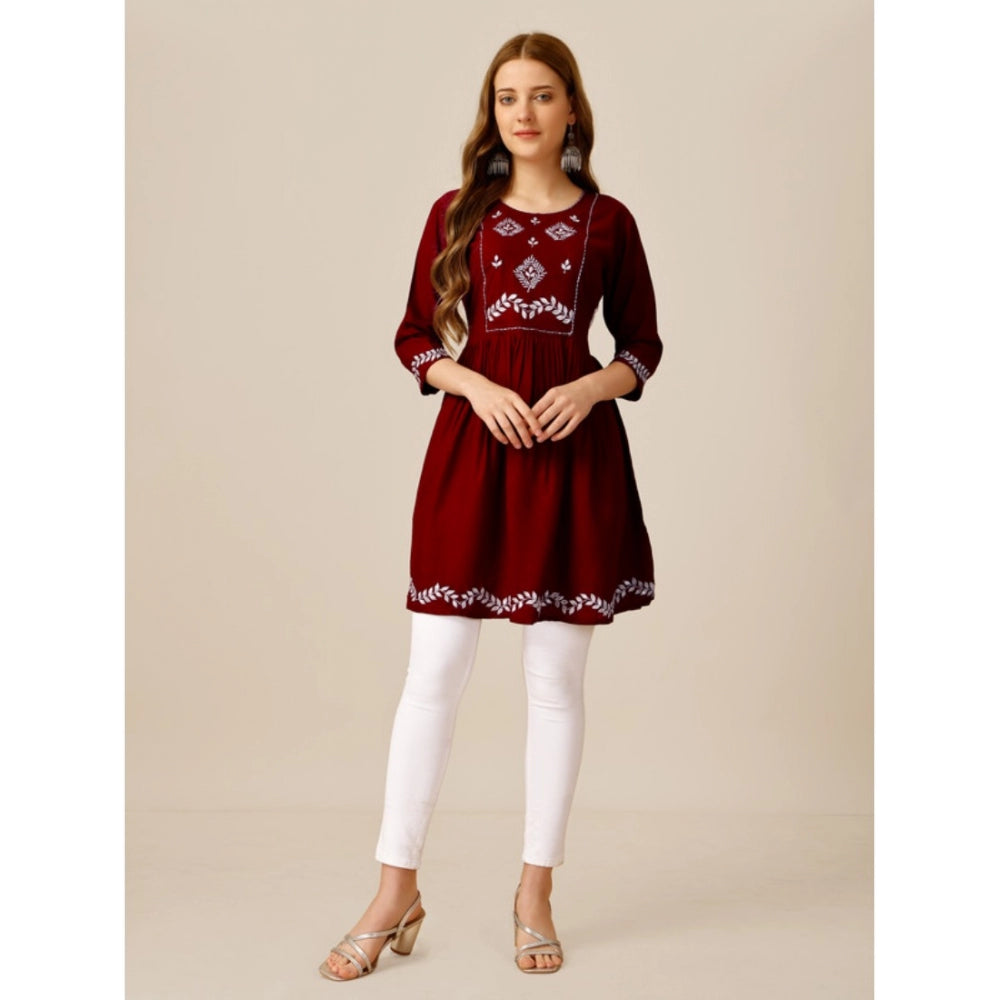 Amfyn Women's Casual 3-4 th Sleeve Embroidered Rayon Tunic Top (Maroon)