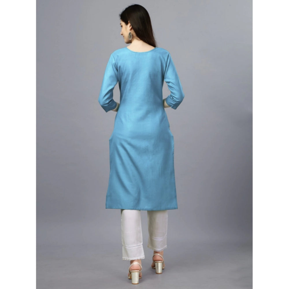 Amfyn Women's Casual 3-4 th Sleeve Embroidery Cotton Kurti (Light Blue)
