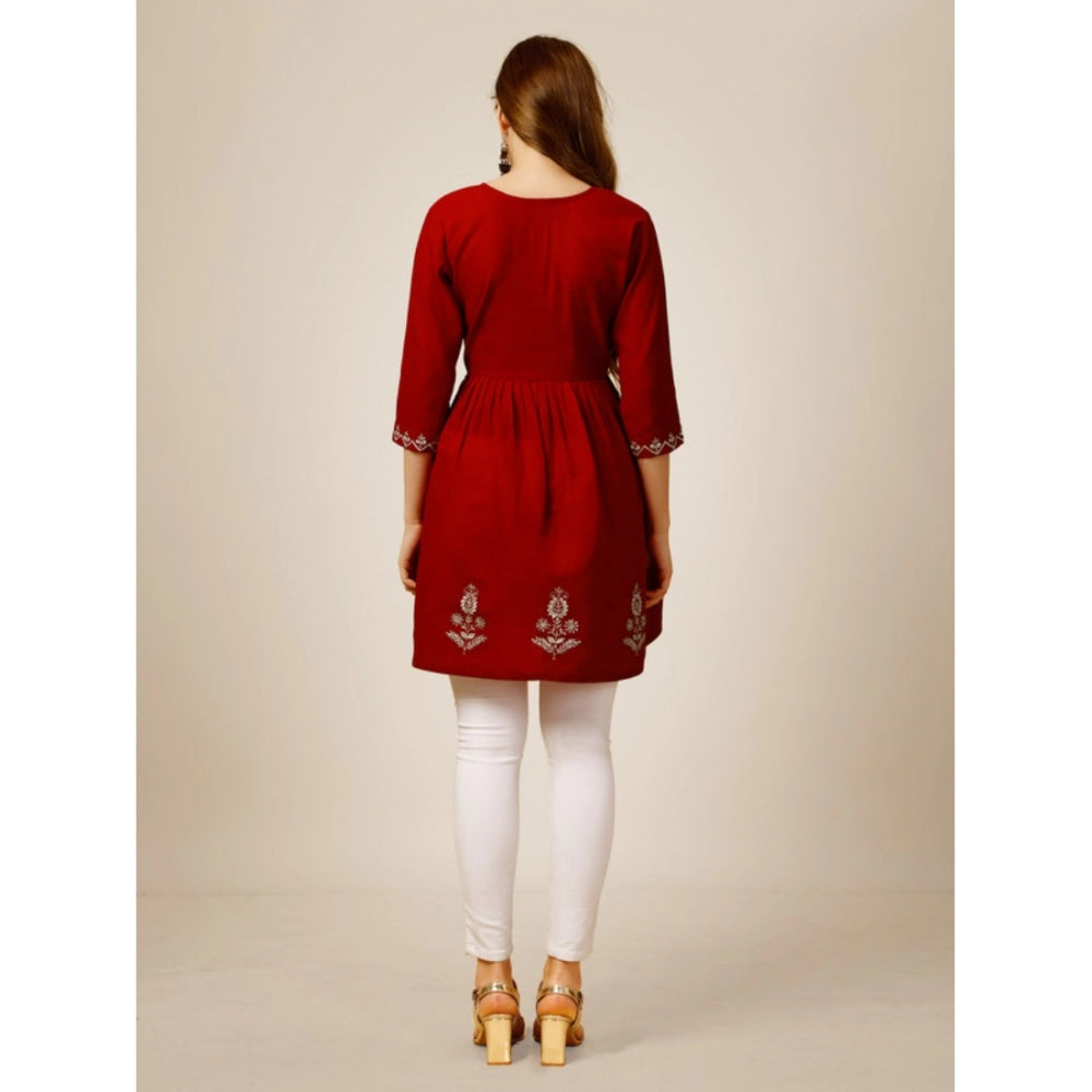 Amfyn Women's Casual 3-4 th Sleeve Embroidered Rayon Tunic Top (Red)