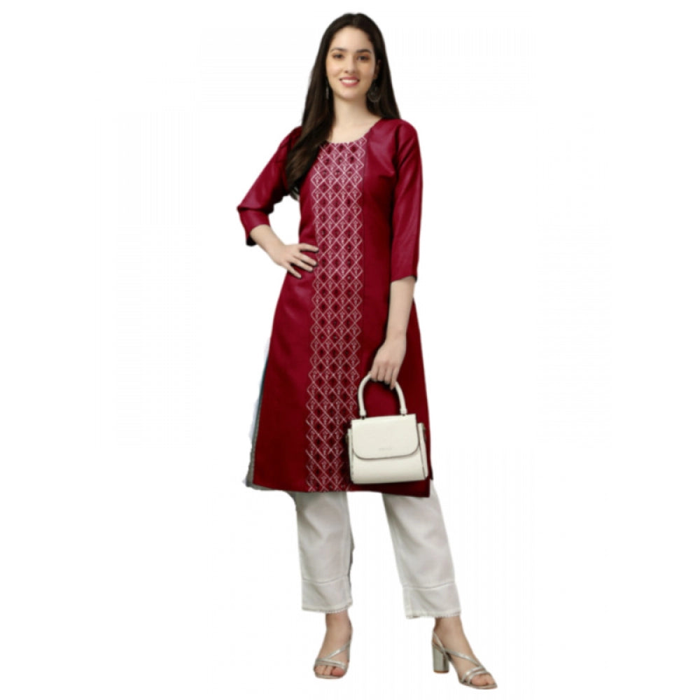 Amfyn Women's Casual 3-4 th Sleeve Embroidery Cotton Kurti (Maroon)