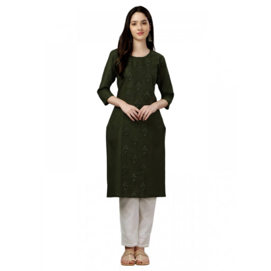 Amfyn Women's Casual 3-4 th Sleeve Embroidery Cotton Kurti (Dark Green)
