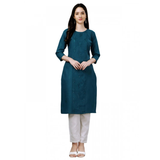 Amfyn Women's Casual 3-4 th Sleeve Embroidery Cotton Kurti (Blue )