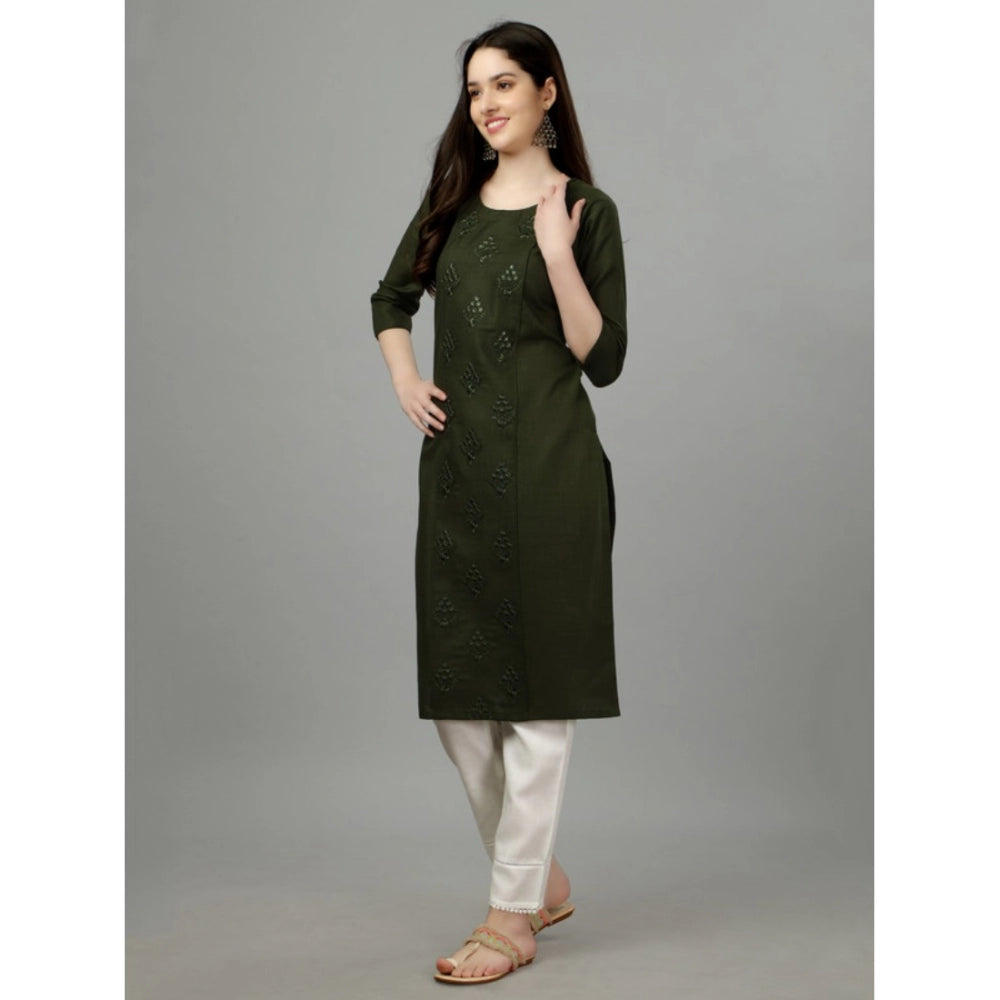 Amfyn Women's Casual 3-4 th Sleeve Embroidery Cotton Kurti (Dark Green)