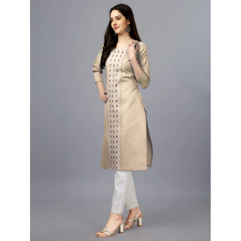 Amfyn Women's Casual 3-4 th Sleeve Embroidery Cotton Kurti (Beige)