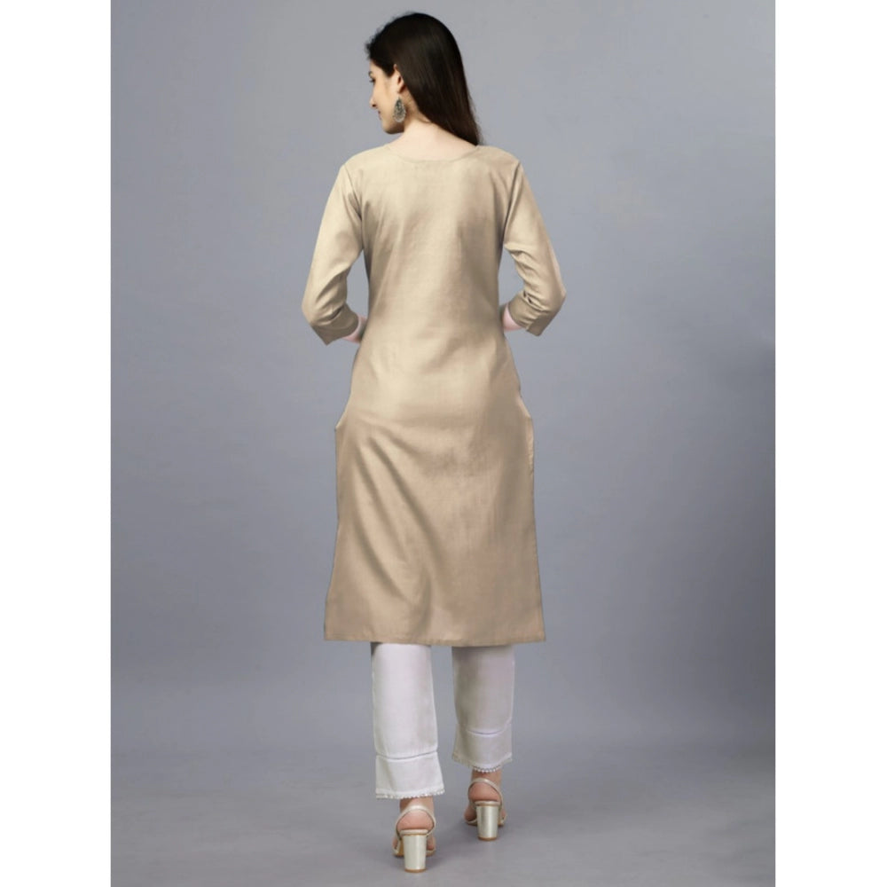 Amfyn Women's Casual 3-4 th Sleeve Embroidery Cotton Kurti (Beige)