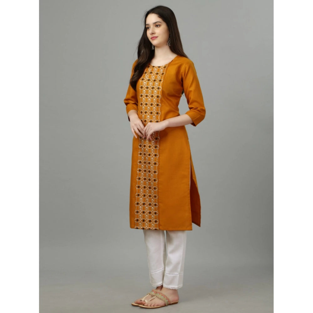 Amfyn Women's Casual 3-4 th Sleeve Embroidery Cotton Kurti (Mustard)