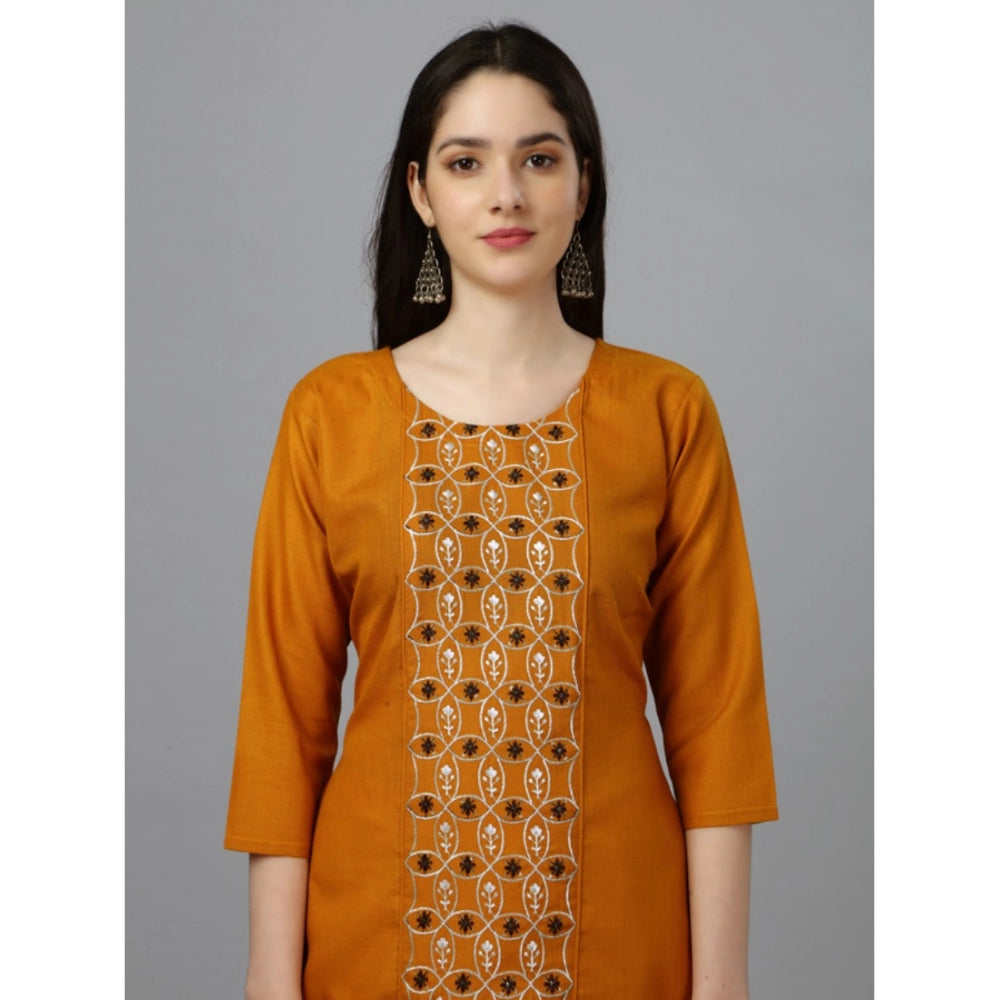 Amfyn Women's Casual 3-4 th Sleeve Embroidery Cotton Kurti (Mustard)