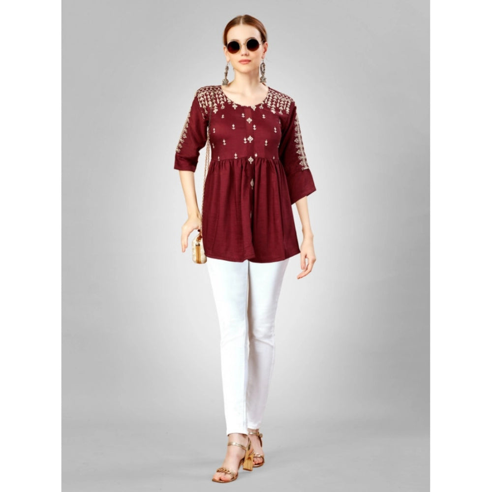 Amfyn Women's Casual 3-4 th Sleeve Embroidered Silk Tunic Top (Rust)
